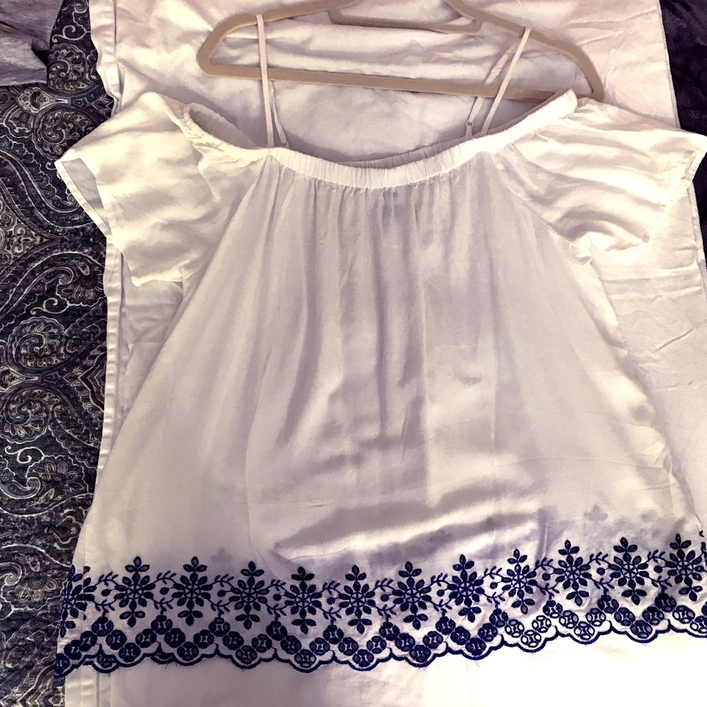White Off-the-Shoulder Top with Blue Embroidery